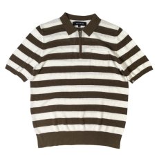 画像1: PacSun S/S Half Zip Stripe Mesh Knit Shirts BrownｘWhite / パックサン ショートスリーブ ハーフジップ メッシュ ニットシャツ ブラウンｘホワイト (1)