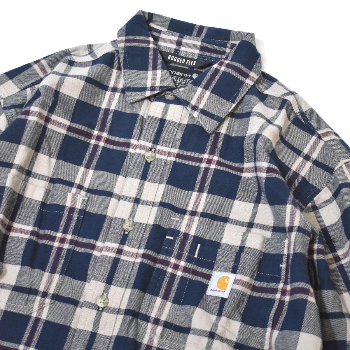 画像2: Carhartt 107010 Relaxed Fit Midweight L/S Flannel Plaid Shirts - Navy / カーハート ミッドウェイト フランネルシャツ (2)