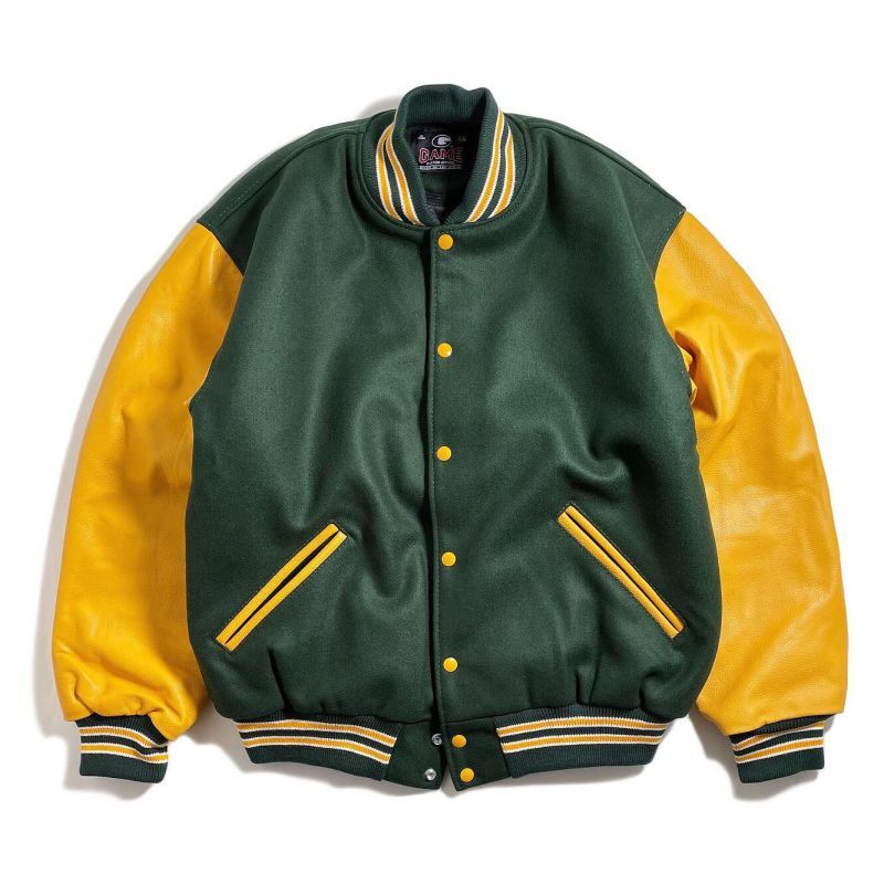 GAME Sportswear Wool x Genuine Leather Varsity Jacket Green/Yellow /  ゲームスポーツウェア ウール x レザー スタジアムジャケット スタジャン - RAWDRIP