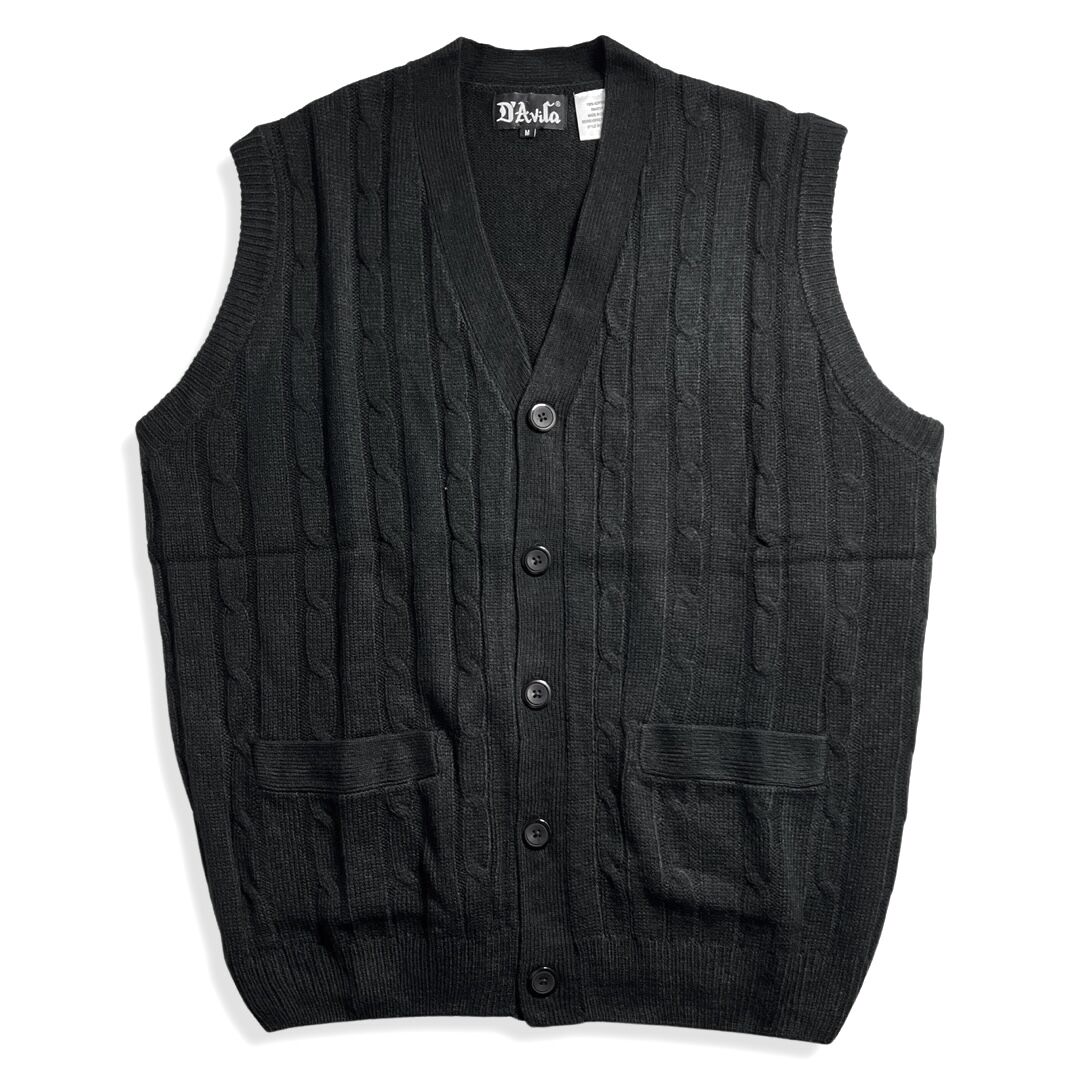 画像1: Lord Daniel Sportswear Button Front Cable Sweater Vest Black / ロードダニエルスポーツウェア ボタンフロント ケーブル セーター ニットベスト ブラック (1)